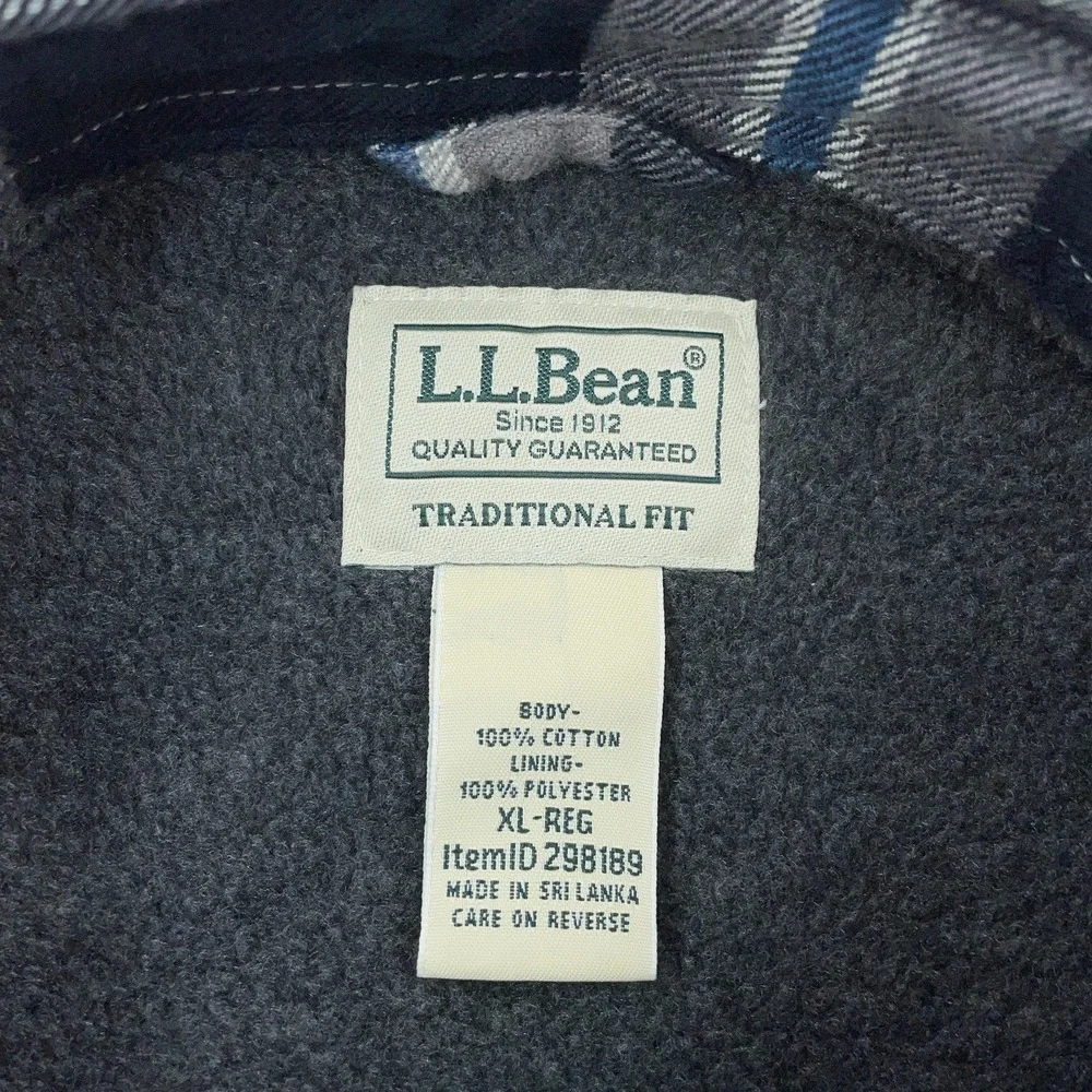L.L. Bean Fleece Lined Flannel‎ Shirt Jacket XL Traditional Fit Blue Gray Plaid